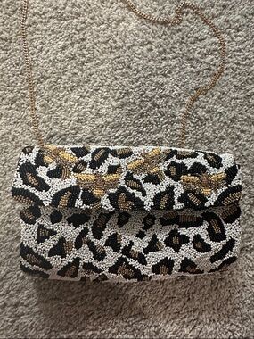 Beaded Leopard Print Crossbody Clutch - Gold, Black & White